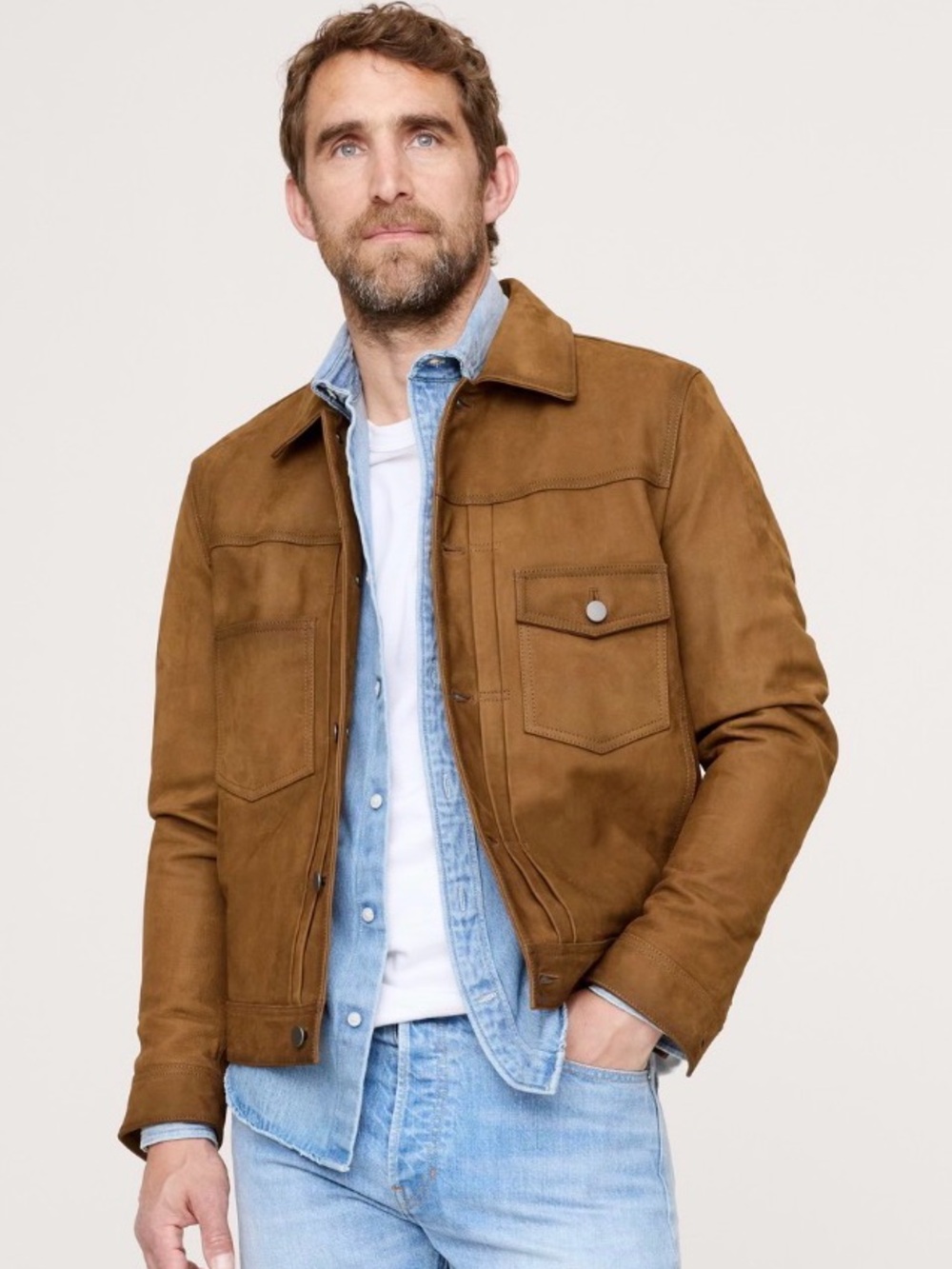 NWT Banana Republic Nubuck Leather Trucker Hazelnut Brown Jacket Sz L (#825018)